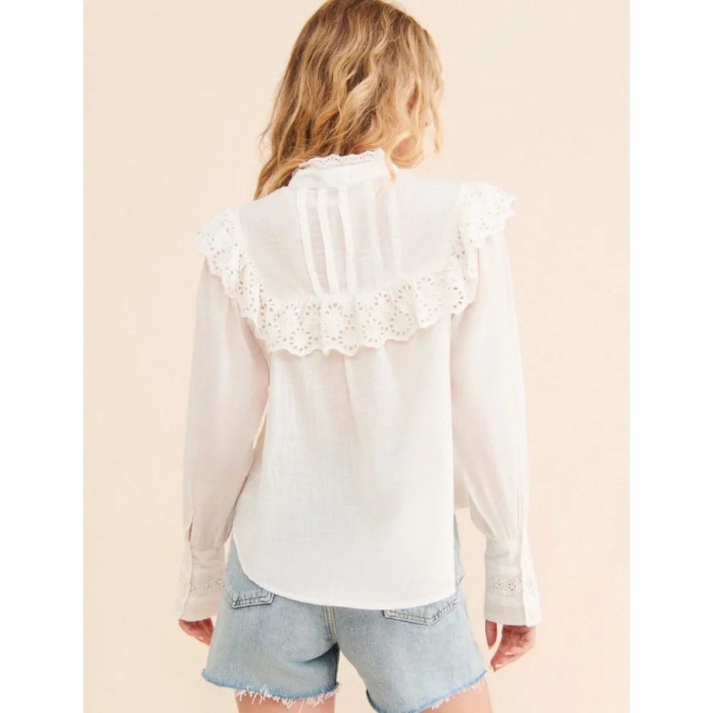 FREE PEOPLE Hit The Road Buttondown White Ruffled Long Sleeve Blouse Size Small - Picture 3 of 16